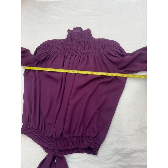 Venus Women's Purple Mock Neck Smocked Blouse Size M Bow at Back Waist Office - Picture 6 of 7